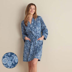 Printed Voile Women's Kimono Robe - Indigo Floral, XL/XXL