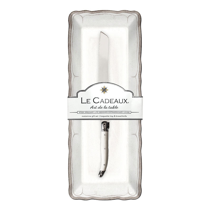 Rustica Antique White Melamine Baguette Tray with Laguiole Bread Knife - White