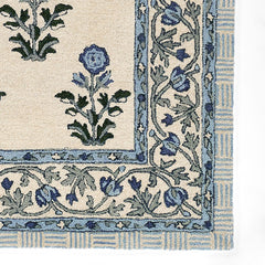 Floral Border Hand Tufted Wool Rug -  Blue, 8' Runner