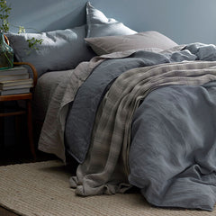 Premium Breathable Washed Linen Solid Fitted Bed Sheet - Dusty Blue, Twin