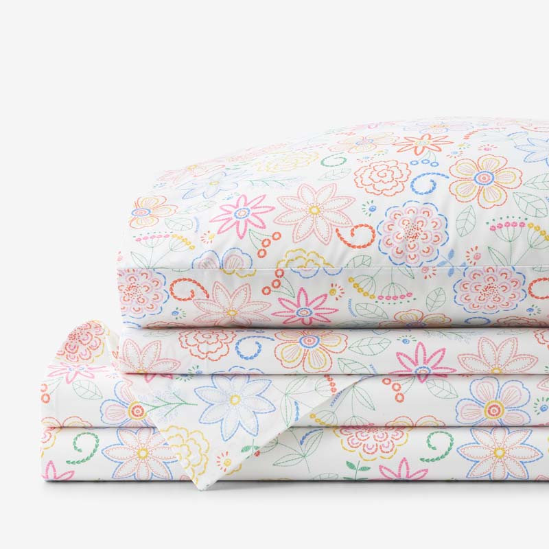 Floral Dream Classic Cool Organic Cotton Percale Bed Sheet Set - White Multi, Full