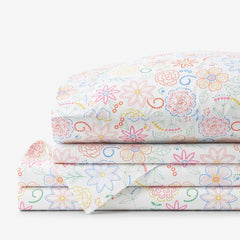 Floral Dream Classic Cool Organic Cotton Percale Bed Sheet Set - White Multi, Full