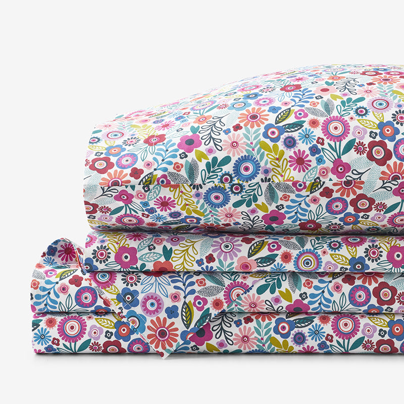Joyful Mini Flower Classic Cool Organic Cotton Percale Bed Sheet Set - White Multi, Full