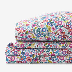 Joyful Mini Flower Classic Cool Organic Cotton Percale Bed Sheet Set - White Multi, Queen