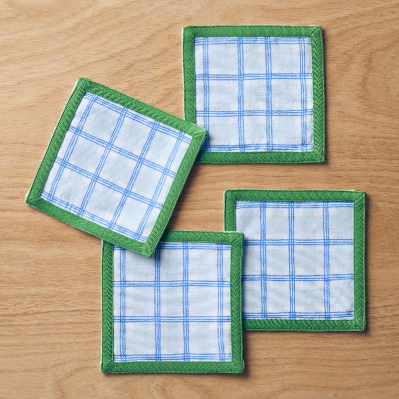 Floral Plaid Reversible Cocktail Napkins, Set of 4 - Blue