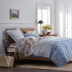 Blossoms and Stripes Classic Cool Cotton Percale Reversible Duvet Cover - Blossom Veil, Twin/Twin XL