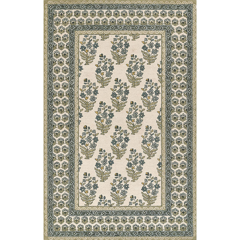 Floral Border Hand Tufted Wool Rug -  Green, 8' Runner