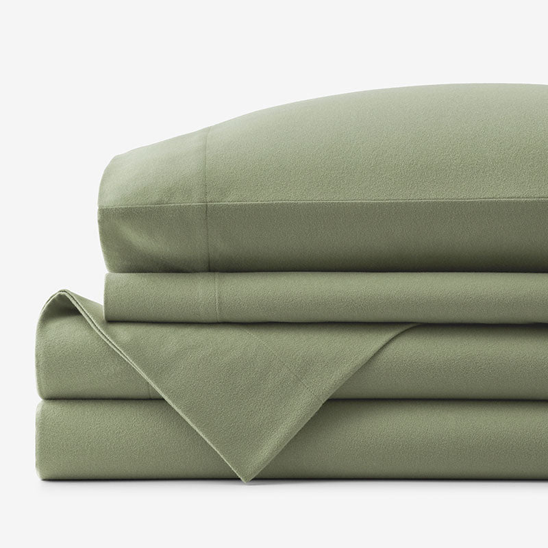 Classic Ultra-Cozy Cotton Velvet Flannel Bed Sheet Set - Willow Green, King