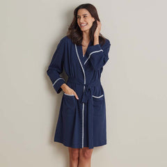 Peruvian Cotton Embroidered Women's Robe - Navy, XXL
