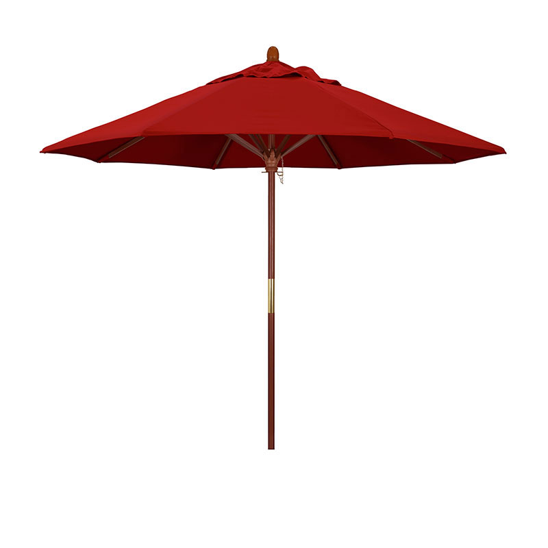 Round Outdoor Patio Umbrella, Wood with Manual Lift - Jockey Red, 9'