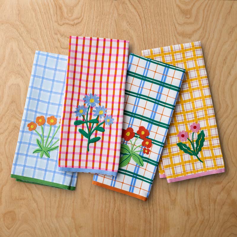 Floral Plaid Kitchen Towel Sets - Multi, Set of 4