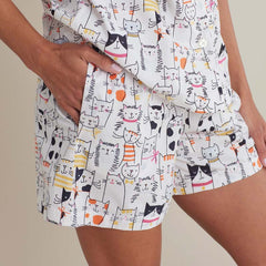 Printed Poplin Women's Shorts Set - Kittie Party, XS
