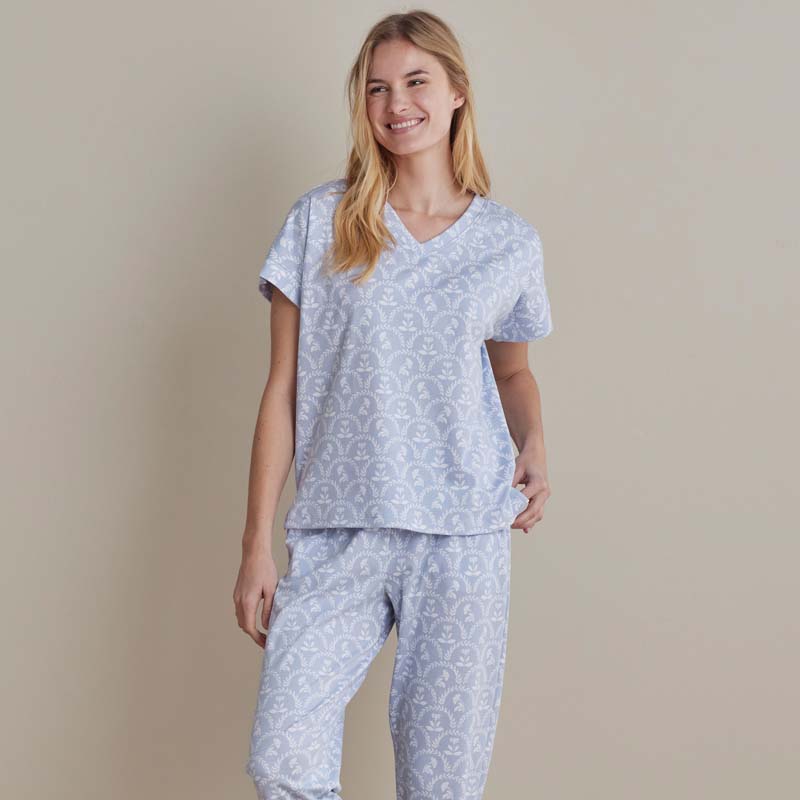 Printed Peruvian Cotton Women's Jogger Pants Pajama Set - Bergen Blue, L