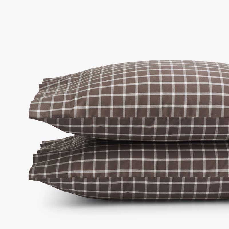 Classic Stripes and Plaids Cool Yarn-Dyed Cotton Percale Pillowcase Set - Windowpane Brown, King