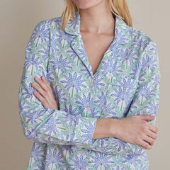 Printed Poplin Women's Button-Down Pajama Set - Blue Palm, XL