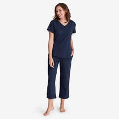 Pima Cotton Women's Cropped Pajama Set - Navy, L