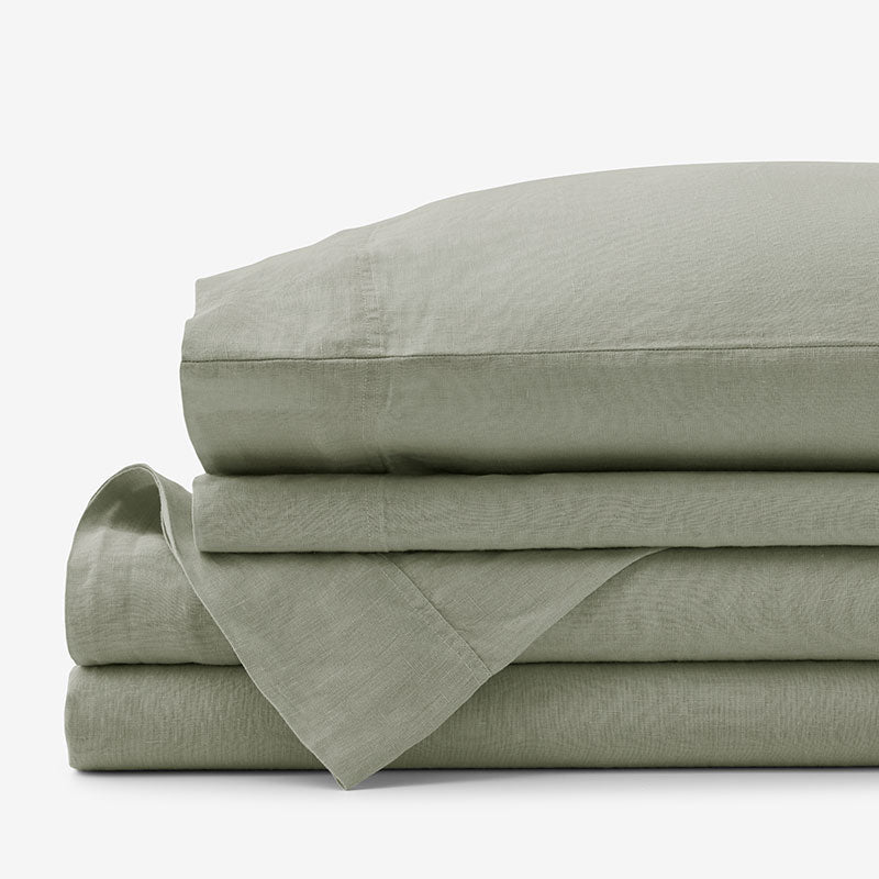 Premium Breathable Washed Linen Solid Bed Sheet Set - Moss Green, Twin