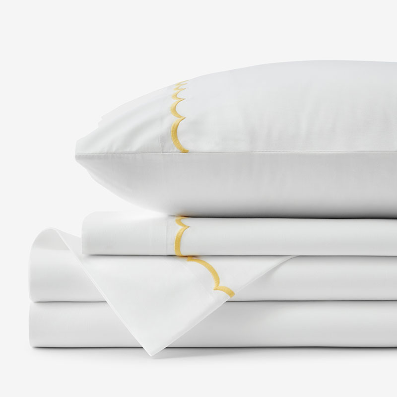 Embroidered Scallop Classic Cool Cotton Percale Bed Sheet Set - Yellow, King