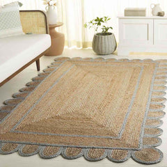 Scallop Border Handwoven Jute Rug - Light Blue, 8' x 10'