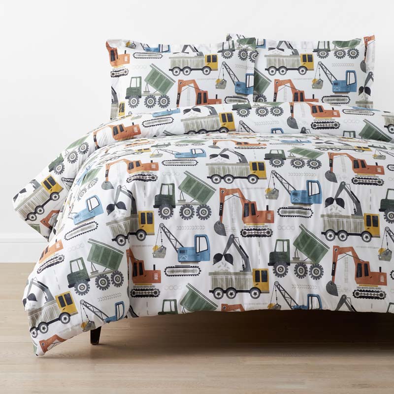 Construction Builders Classic Cool Organic Cotton Percale Duvet Cover Set - White Multi, Full