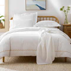 Embroidered Scallop Classic Cool Cotton Percale Duvet Cover - Tan, Full/Queen