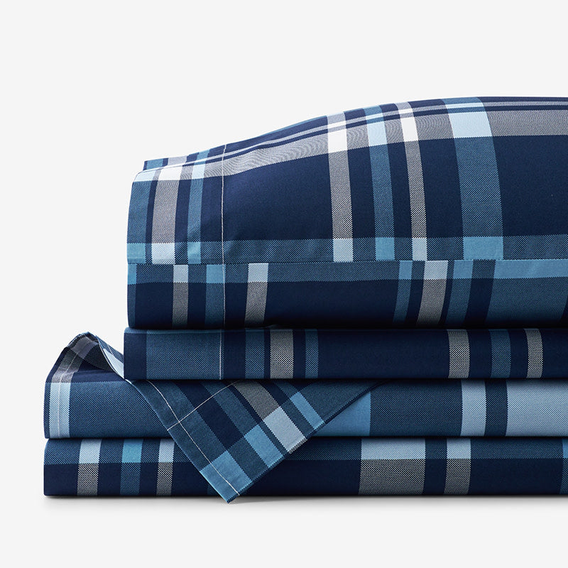 Handsome Tartan Classic Cool Organic Cotton Percale Bed Sheet Set - Blue Multi, Queen