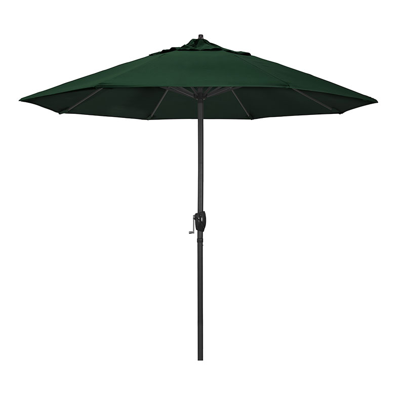 Round Outdoor Patio Umbrella, Aluminum with Auto Tilt Crank - Black Finish, Forest Green, 9'