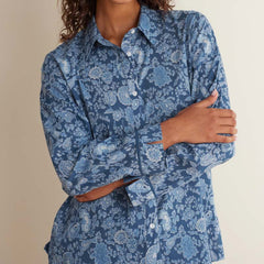 Printed Voile Women's Cropped Pajama Set - Indigo Floral, XS