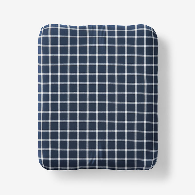 Classic Stripes and Plaids Cool Yarn-Dyed Cotton Percale Fitted Bed Sheet - Windowpane White/Navy, Full