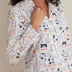 Printed Poplin Women's Button-Down Pajama Set - Kittie Party, XL