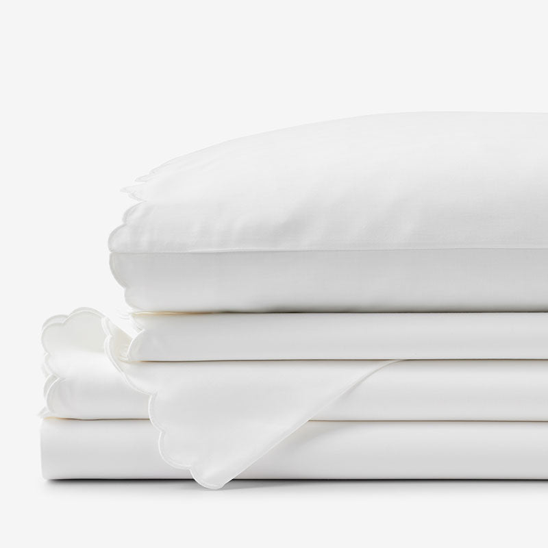 Embroidered Scallop Classic Smooth Sateen Solid Bed Sheet Set - White, Full