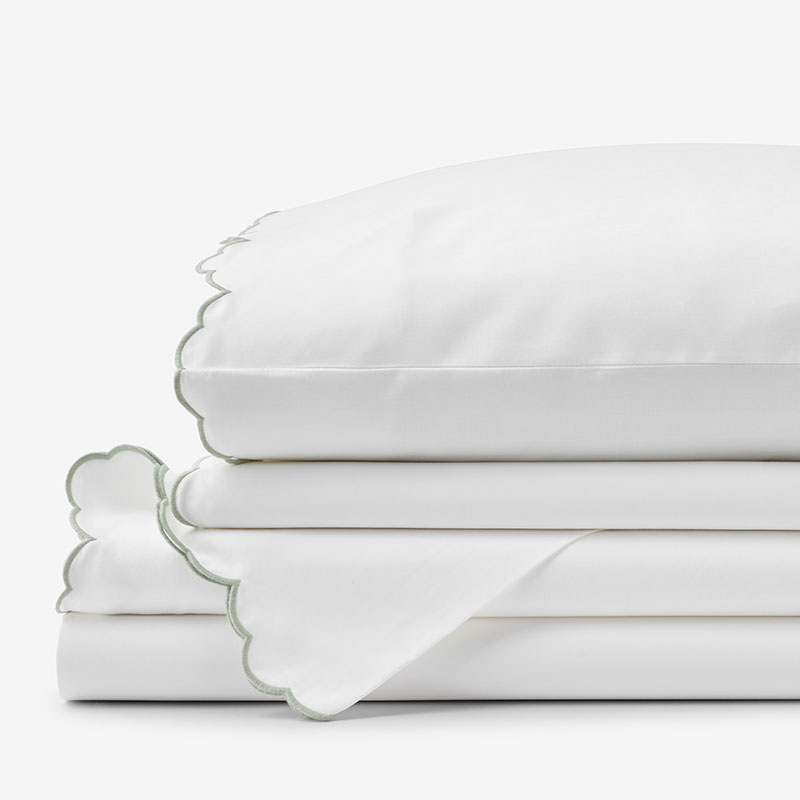 Embroidered Scallop Classic Smooth Sateen Solid Bed Sheet Set - Light Sage, Full