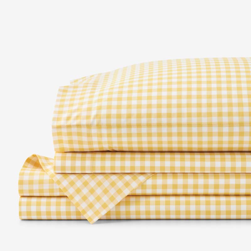 Gingham Classic Cool Organic Cotton Percale Bed Sheet Set - Yellow, Queen