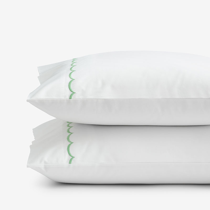 Embroidered Scallop Classic Cool Cotton Percale Pillowcase Set - Green, Standard