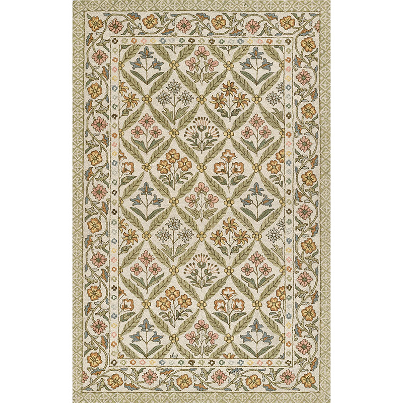 Floral Border Hand Tufted Wool Rug -  Green Multi, 5' x 8'