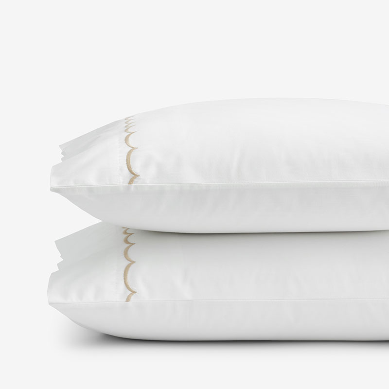 Embroidered Scallop Classic Cool Cotton Percale Pillowcase Set - Tan, King