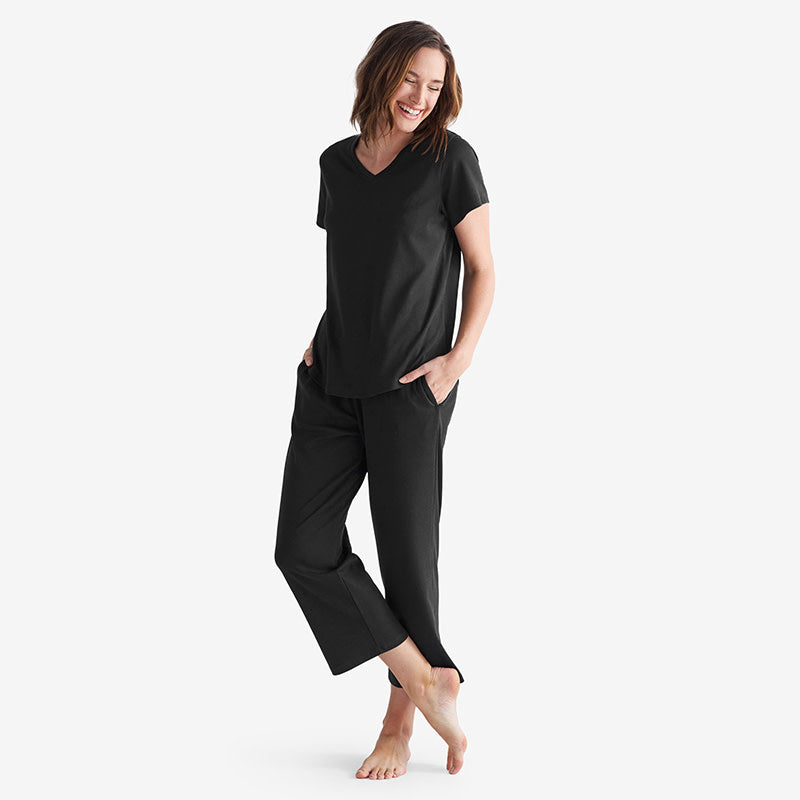 Pima Cotton Womens Cropped Pajama Set - Black, S