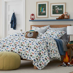 Forest Friends Classic Cool Organic Cotton Percale Duvet Cover Set - White Multi, Full