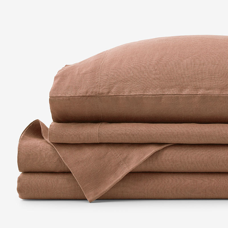 Premium Breathable Washed Linen Solid Bed Sheet Set - Terracotta, Twin