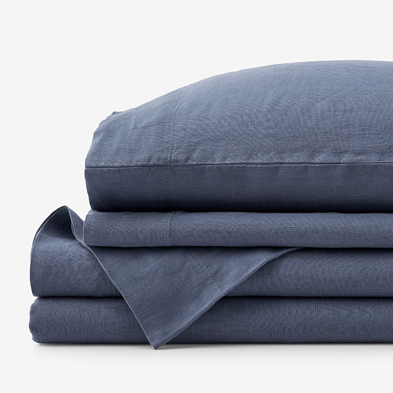 Premium Breathable Washed Linen Solid Bed Sheet Set - Denim Blue, Full