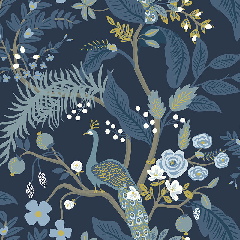Peacock Traditional Wallpaper - Navy, Roll