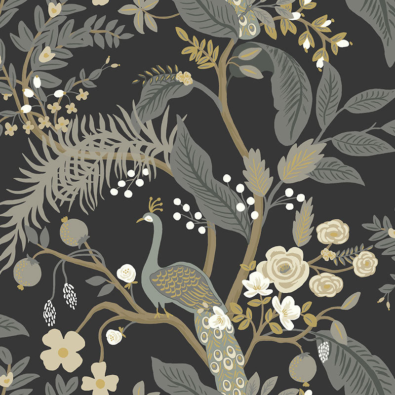 Peacock Traditional Wallpaper - Black, Swatch