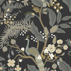 Peacock Traditional Wallpaper - Black, Roll