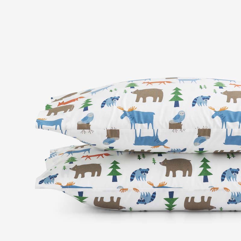 Forest Friends Classic Cool Organic Cotton Percale Pillowcase Set - White Multi, Standard