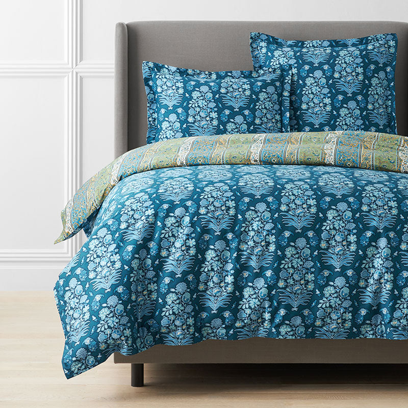 Nawab Floral Premium Smooth Sateen Reversible Duvet Cover - Blue Multi, King/Cal King