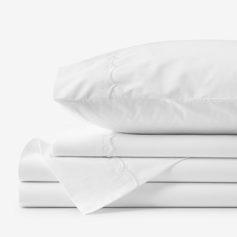 Embroidered Scallop Classic Cool Cotton Percale Bed Sheet Set - White, King