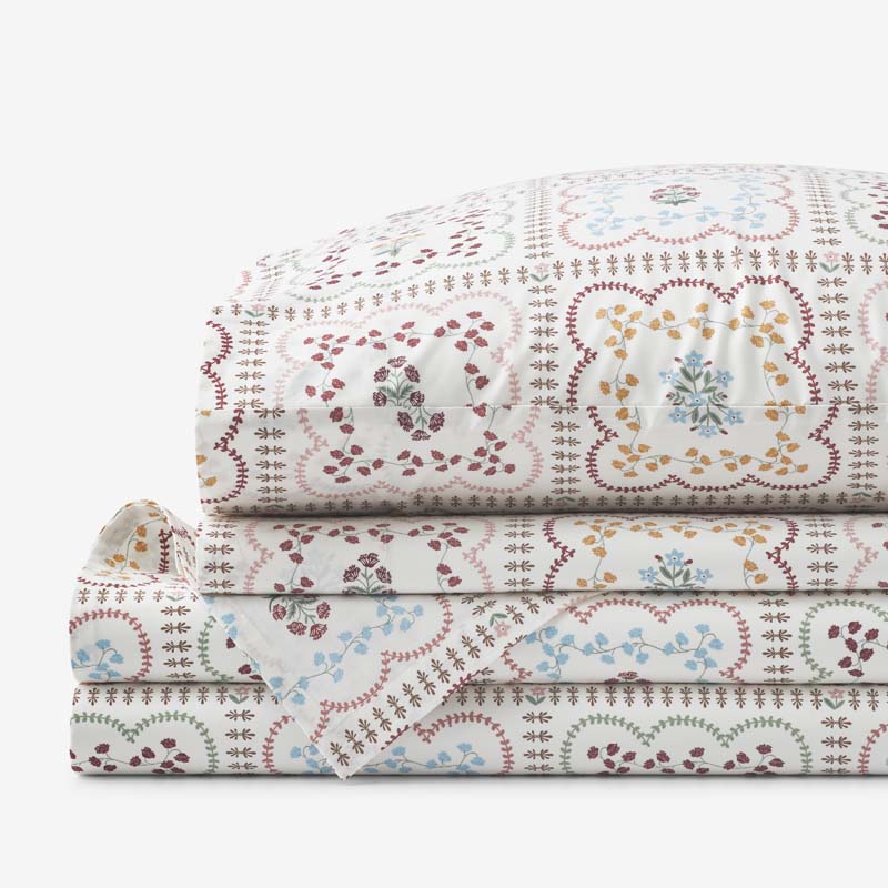Lottie Classic Cool Cotton Percale Bed Sheet Set - Ivory Multi, King