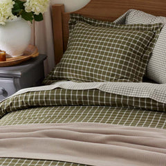 Classic Stripes and Plaids Cool Yarn-Dyed Cotton Percale Flat Bed Sheet - Windowpane Green, Queen