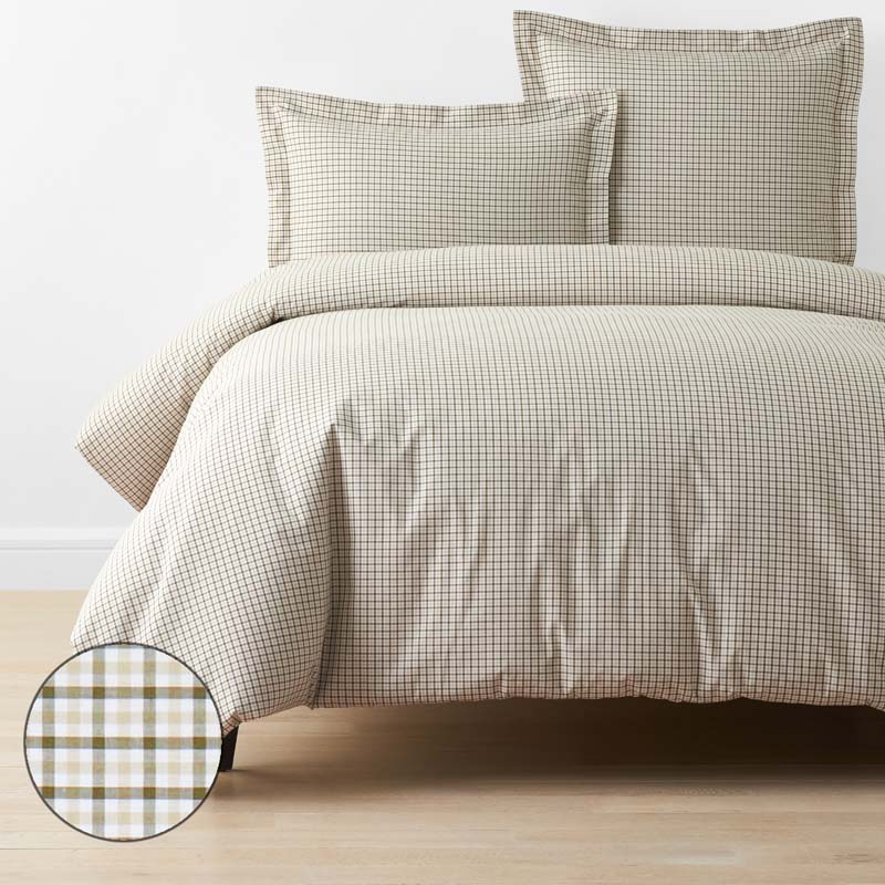Classic Stripes and Plaids Cool Yarn-Dyed Cotton Percale Duvet Cover - Mini Check Green, Full/Queen