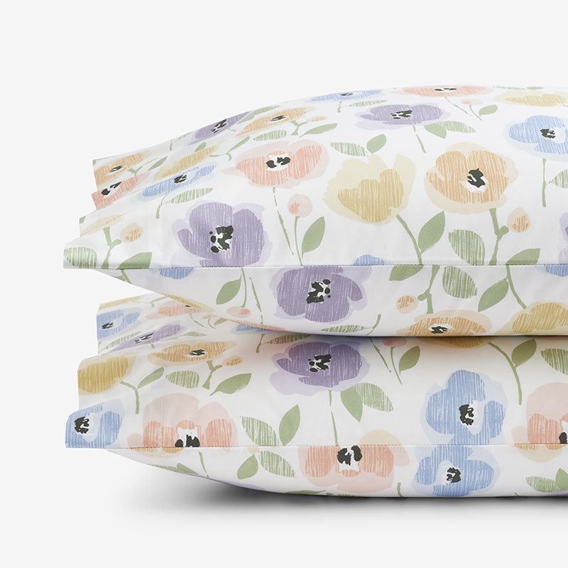 Pastel Poppies Classic Cool Organic Cotton Percale Pillowcase Set - White Multi, Standard